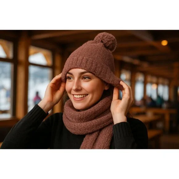Barefoot Dreams CozyChic Pom Pom Beanie & Scarf Set Chestnut OS Warm Winter Wear
